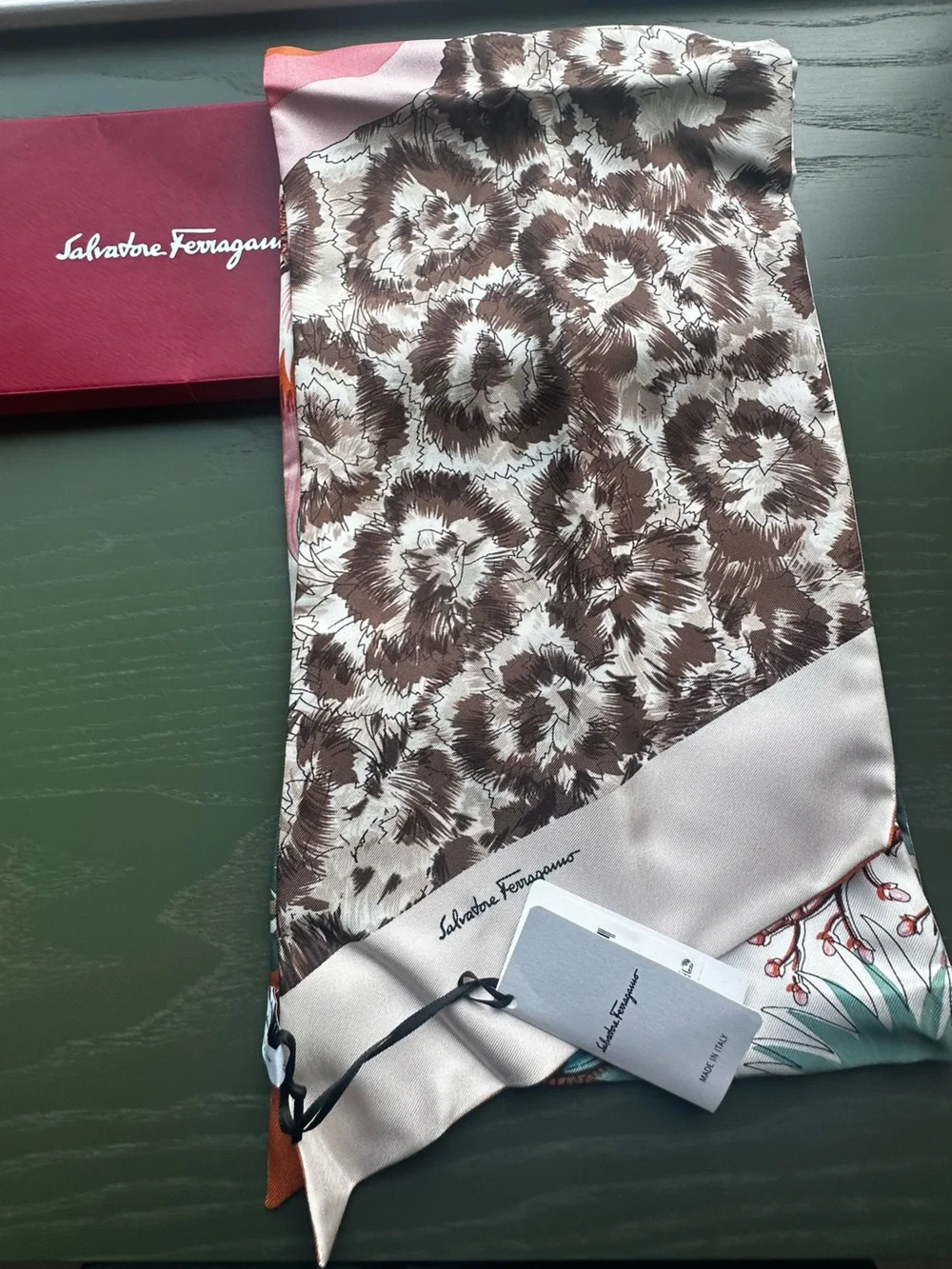 Salvatore Ferragamo reversible Brown Floral Silk Scarf with Cream Border -